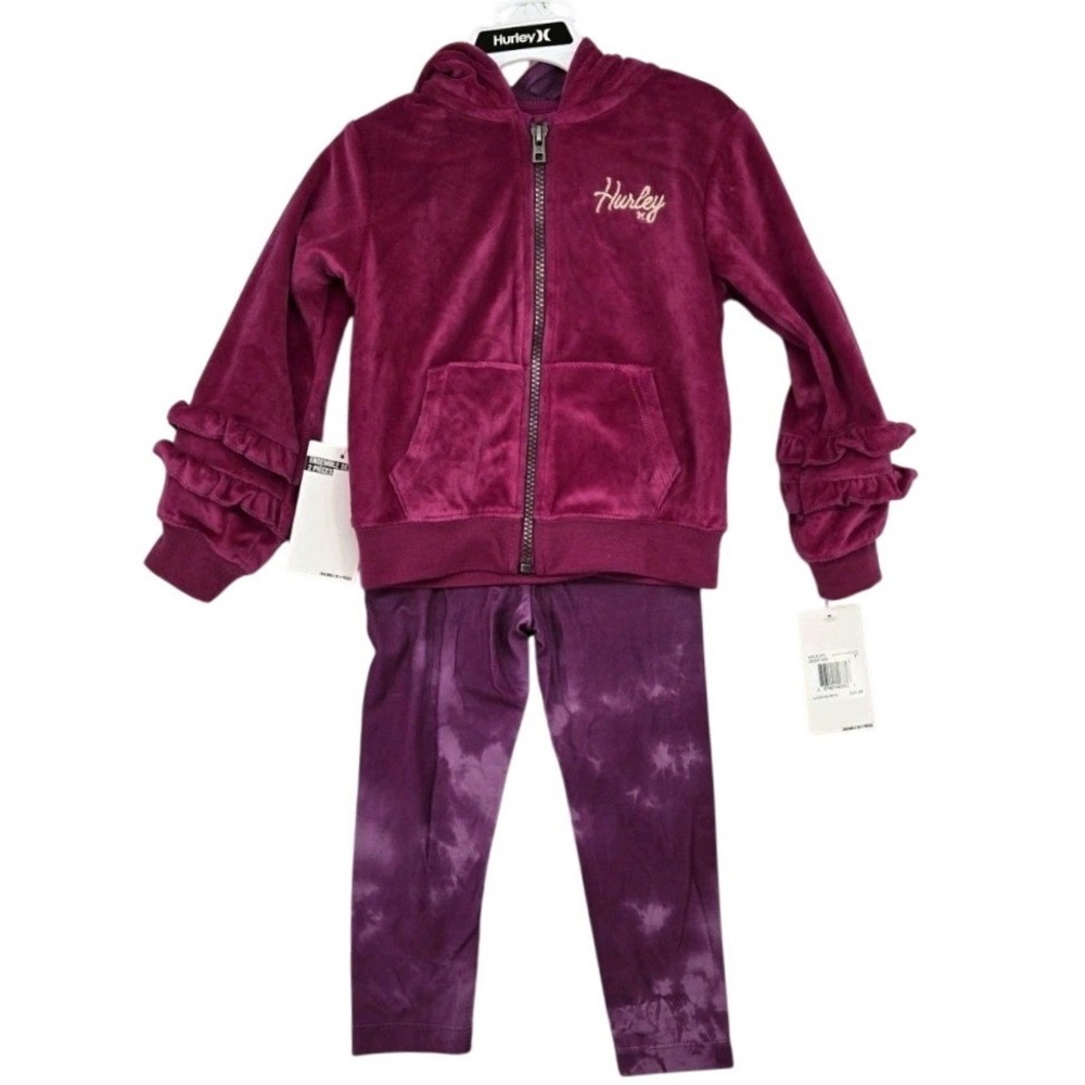 HURLEY Girls Velour Hoodie & Leggings 2-Piece Set Bright Magenta 3T NWT